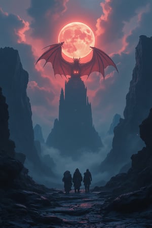 A fantasy scene of a group of adventurers standing on a narrow path along the edge of a deep chasm. The path leads to a ruined tower, on top of which perches a large, menacing dragon with red wings. The dragon's eyes glow with a menacing orange light. The adventurers are silhouetted against the dark sky, with the moon casting a soft glow on the scene. The chasm is filled with dark, swirling mist. The overall atmosphere is one of danger and adventure, with the image suggesting an epic confrontation between the adventurers and the fearsome dragon.,in the style of CNSTLL