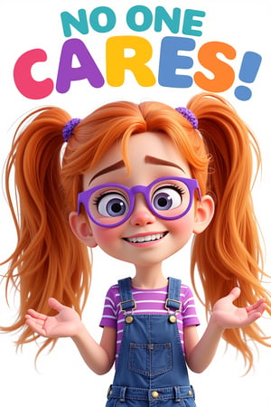 Disney animation style, 3d, Illustrated and detailed, cgi, semi-realistic. Portrait of a young girl with very long ginger hair in pigtails. She is wearing purple framed glasses, purple striped shirt and overalls. She is expressively smiling with a silly face while shrugging with her arms. The words “NO ONE CARES!” Are displayed at top in large colorful letters like a meme.