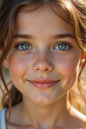 Create a soft focus, dreamy portrait of a beautiful girl with a gentle smile, looking directly at the camera with her bright blue eyes, surrounded by a warm, golden light.