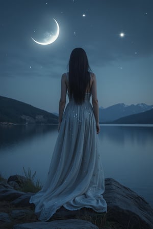 Generate a full-body artistic photograph of a beautiful girl in a mystical night scene. She has straight, raven-black hair and luminous, dark eyes. She is dressed in a flowing, silver gown that sparkles under the moonlight. She stands on a rocky outcropping overlooking a calm, starlit lake. The background includes a crescent moon and a few twinkling stars, creating a serene and otherworldly atmosphere.