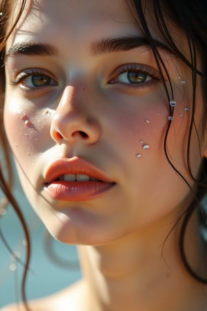 Capture a close-up shot of a beautiful girl's face with water droplets on her skin, glistening in the sunlight, highlighting her smooth complexion and delicate features