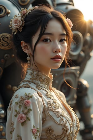 crayon,glow, An  ultra-realistic portrait of a young woman in intricate, floral-patterned,  high-collared dress with anachronistic metallic accents,  suggesting a  harmonious blend of futuristic and traditional aesthetics. The woman is posed gracefully against the backdrop of a colossal, meticulously detailed steampunk mech, its burnished metallic surfaces hinting at both power and history. Her expression, caught between a subtle smirk and contemplative serenity, adds an enigmatic element. Utilize a dynamic three-quarter shot, with warm, diffused lighting evocative of a late afternoon sun to emphasize the interplay of texturesâthe delicate fabric of her attire against the cold, hard metal of the mech. Add a sense of narrative depth, perhaps a glimmer in her eye suggesting hidden knowledge or resolve, hinting at a story beyond the frame.