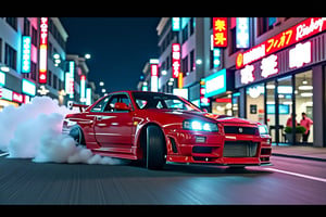 A red Nissan Skyline GT-R drifting through a narrow city street at night, with neon signs and tall buildings in the background. The car is surrounded by a cloud of smoke from the tires,in the style of CNSTLL