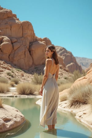 Imagine a girl standing in a desert oasis, where a small pool of water reflects the clear blue sky. She is dressed in flowing, lightweight clothing, and her hair is tied back, emphasizing her connection to the natural beauty around her. The contrast between the arid landscape and the lush oasis creates a striking and evocative image.