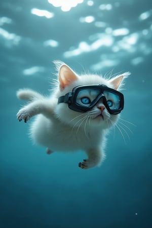 cinematic film still ((BBC Style)) picture of a cute white baby kitten mobster in (wildlife) , swimming in the ocean under the water, white and grey fur, thick matted fur, blue eyes, wearing shorts and goggles over the eyes, with a snorkle and flippers, shallow depth of field, vignette, highly detailed, high budget, bokeh, cinemascope, moody, epic, gorgeous, film grain, grainy, high quality photography, 3 point lighting, flash with softbox, 4k, Canon EOS R3, hdr, smooth, sharp focus, high resolution, award winning action photo, jumping photo, 50mm, wide angle shot, looking_away from the camera, full_length, f2.8, bokeh , side_view, shot as underwater scene,in the style of CNSTLL