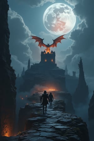 A fantasy scene of a group of adventurers standing on a narrow path along the edge of a deep chasm. The path leads to a ruined tower, on top of which perches a large, menacing dragon with red wings. The dragon's eyes glow with a menacing orange light. The adventurers are silhouetted against the dark sky, with the moon casting a soft glow on the scene. The chasm is filled with dark, swirling mist. The overall atmosphere is one of danger and adventure, with the image suggesting an epic confrontation between the adventurers and the fearsome dragon.,in the style of CNSTLL