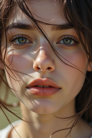 Take a close-up shot of a beautiful girl's face, with her hair wind-swept and tousled, framing her features and adding a sense of movement and energy to the image,in the style of CNSTLL