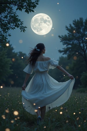 Imagine a girl dancing alone under the full moon in a secluded clearing. Her movements are graceful and fluid, as if she is in perfect harmony with the natural world. The moonlight casts a silvery glow on her, and fireflies dance around her, adding a touch of magic to the scene.