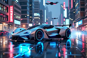 A futuristic silver hypercar with neon blue accents, hovering above a neon-lit city street at night, with skyscrapers and flying drones in the background,in the style of CNSTLL