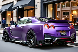 A customized purple Nissan GT-R with a matte finish, low profile tires, and a custom exhaust system, parked on a city street with a high-end shopping district in the background