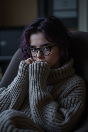 Real, cute woman, 26 year old, pale, nerdy, round glasses, big jumper, relaxing in a chair, dark blurred background, cozy, dark purple hair, shy expression, covering face with clothing