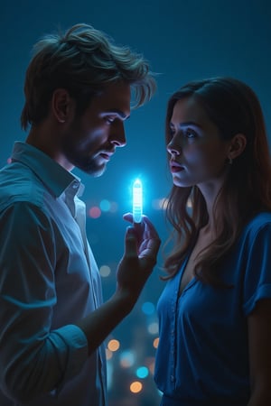 Black background. Golden ratio. Long shot. A 30-year-old man in a white shirt.  blond, short hair. looks at the blue pill-capsule in his hand. Next to her is a woman, brunette, wavy hair. blue dress. in the background are the lights of the night city.