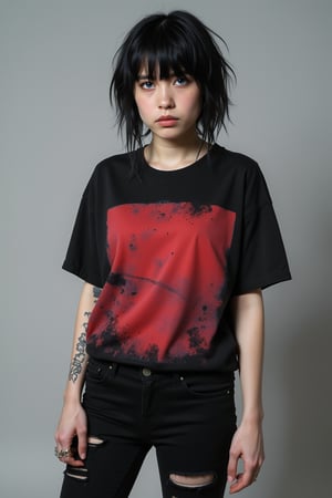 one Female Punk Rocker named Jill, pale skin color, Bold haircut, Black hair, piercing blue eyes, with Black faded Faded Red T-shirt, wearing Ripped Black Jeans