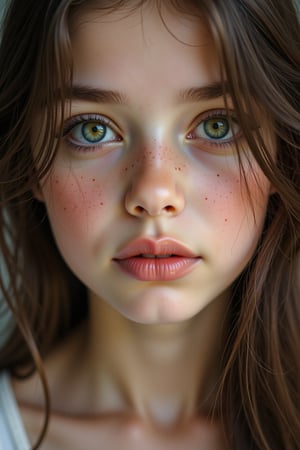 A close-up shot of a beautiful girl with long, flowing hair, captivating green eyes, and freckles, captured in soft, natural lighting that highlights her delicate features and creates a dreamy atmosphere.