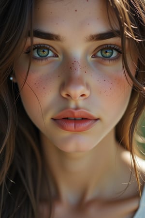 A close-up shot of a beautiful girl with long, flowing hair, captivating green eyes, and freckles, captured in soft, natural lighting that highlights her delicate features and creates a dreamy atmosphere.,in the style of CNSTLL