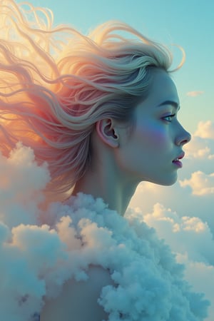 Create a surreal portrait blending human features with ethereal elements, such as swirling clouds and vibrant colors. The subject should be depicted in profile, with their hair merging into the clouds, and the face exhibiting a spectrum of hues that convey emotion. Use a dreamy, soft-focus style to evoke a sense of mystery and introspection.,in the style of CNSTLL