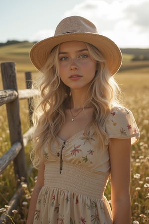 Create a full-body artistic photograph of a beautiful girl in a rustic, countryside setting. She has long, wavy blonde hair and warm, hazel eyes. She is wearing a vintage, floral-print dress and a wide-brimmed straw hat. The background is a sunlit field of wildflowers with a weathered wooden fence and a distant, rolling hill