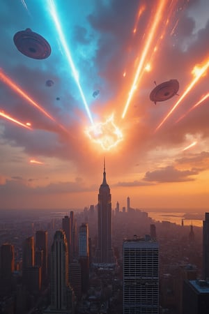 Ultra-realistic photo of apocalyptic chaos unfolds in the heart of Manhattan as multiple extraterrestrial vessels descend upon the cityscape. A fleet of glowing saucers and sleek spacecraft streak across the sky, unleashing a barrage of laser blasts and energy projectiles that rip through concrete skyscrapers. Flames engulf the city's iconic landmarks as smoke billows into the atmosphere, casting a dark shadow over the devastation below.