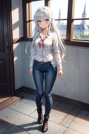 1 girl, (Masterpiece :1.3), (Beautiful :1.2), (High quality :1.2), (Fine :1.2), very detailed CG unified 8k wallpaper, best quality, a very delicate beauty, perfect fingers, (a cute girl in the middle :1.2), Irena, solo, long hair, breasts, looking at the audience, blush, Bangs, school, simple background, school, white background, bow, ribbon, cleavage, Hair between eyes, Big breasts (3d), Perfect body, green eyes, standing, white hair, wet body, jeans, denim shot, full body, black jeans, white translucent shirt, open lips, full body, hands up, arms behind your back, Elaina (majo no tabitabi)