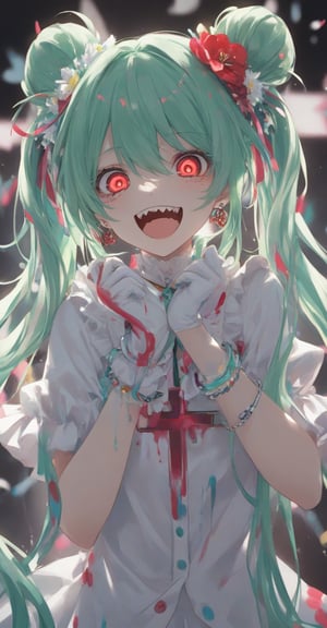 1girl, solo, long hair, looking at viewer, smile, open mouth, bangs, shirt, hair ornament, red eyes, gloves, hair between eyes, twintails, jewelry, very long hair, upper body, short sleeves, :d, earrings, green hair, teeth, white gloves, hair flower, hair bun, blurry, bracelet, hands up, double bun, glowing, cross, sharp teeth, glowing eyes, crazy eyes, crazy smile, hatsune miku,dripping paint