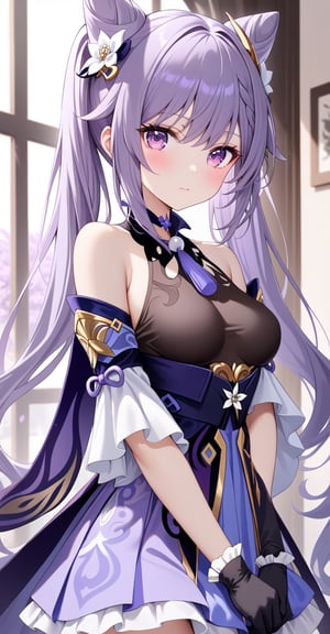 (Masterpiece, best quality: 1.2), crazy detail, absurd, super high, super detail, best quality, slender, kawaii, perfectly symmetrical face, super cute girl, Super cute face, super detailed eyes, super cute, super beautiful, yae，1girl, solo, long hair, breasts, looking at viewer, blush, bangs, skirt, hair ornament, gloves, long sleeves, dress, bare shoulders, twintails, medium breasts, very long hair, closed mouth, purple eyes, upper body, purple hair, flower, detached sleeves, sleeveless, black gloves, hair flower, hair bun, double bun, own hands together, purple skirt, cone hair bun, keqing \(genshin impact\)