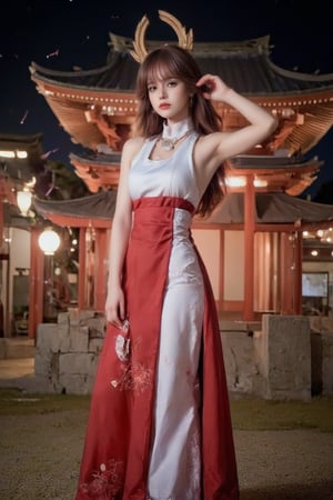 lisa_blackpink  as FluxYaeMiko posing in  japanese temple courtyard in night time with many fireflies lit around,Enhanced all