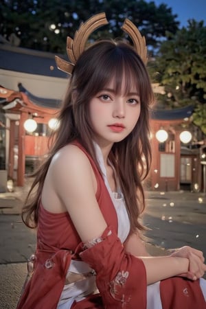 lisa_blackpink  as (FluxYaeMiko) posing in  japanese temple courtyard in night time with many fireflies lit around,[Enhanced all]