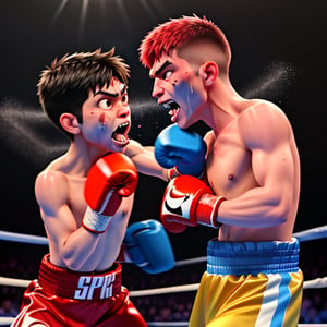 Close-up shot of a intense boxing match between two men. The camera captures the swift movements of their fists as they exchange blows. One fighter lands a powerful punch, connecting with the other's mouth and sending teeth flying out in slow motion. The sound design amplifies the impact, echoing the crunching sound of teeth hitting the canvas. The frame freezes on the scattered teeth, highlighting the brutal force of the hit.