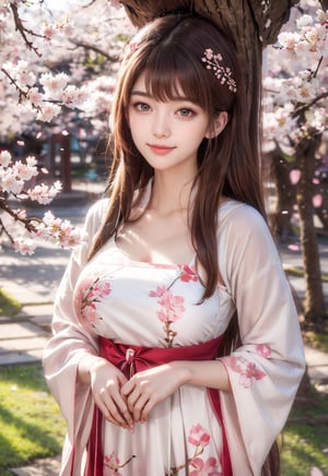 background is Cherry Blossom forest,26 yo, 1 girl, beautiful korean girl,Sakura in foreground, wearing lovely simple dress(strap),standing under a big cherry blossom tree,happy smile, solo, {beautiful and detailed eyes}, dark eyes, calm expression, delicate facial features, ((model pose)),,lienhoa