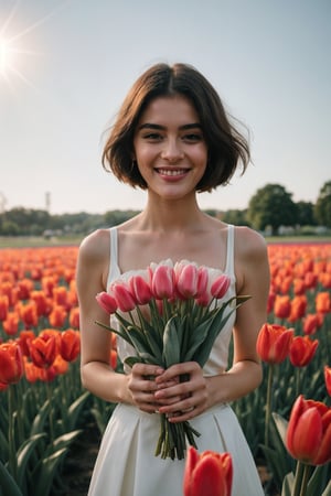 absurdres,  highres,  ultra detailed,  (1girl:1.3), smile , sunlight , lens flare reflection,lomography,  analog photography,  vibrant colors,  soft focus,  light leaks,  dreamy atmosphere,  experimental charm,  nostalgic appeal, looking into the viewer, tulips flower farm in bg, holding 1 tulip flower in right hand, perfect fingers,