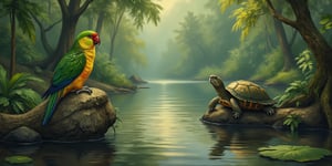 ((((an amazing african parrot in a national park at a lake))))
no merged bodies

beautiful perfect feet
The parrot sits on a stone in the jungle. 
(((((a turtle sits on a thick branch)))))
Under the surface, there is a fish
(((((nothing in beak)))))
(((((beautiful parrots, beautiful turtle))))),Imp'roveBG