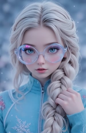 A surreal ice girl, face portrait, futuristic glasses and clothes, the glasses consisting of very fine and well designed Ice, neon gradient coloured.
The glasses are symmetric
The clothes are blue, thin, tight, translucent, portraying snow flakes

Full lips.
The hair is natural platinum white, with a thin, expertly made single braid.
a young woman with fair skin.
Very orderly smooth hair, well kempt, no extra hairdo except from the uniformly made braid.
This is a Dutch braid. This braid starts at the top of her head, goes to the back, eventually draping over her shoulder.
Her overall appearance is with an air of grace, representing her role as Princess and her mastery over ice and snow,
though she is also still a teenager.
She looks like Elsa from Disney. 
She has large, expressive blue eyes and delicate facial features.

braid_dutch,

No jacket, no zipper. No strange ears.
No hair strands, no lose hair. All hair is either kempt back or goes into her braid.
Perfect hands with perfect fingers.