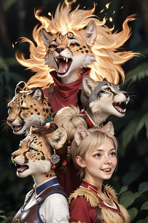 score_9, score_8_up, score_7_up, score_6_up, score_5_up, score_4_up, 3 girls, fox girl, wolf girl, cheetah girl, anthro FEMALE FOX, anthro FEMALE CHEETAH, anthro FEMALE WOLF, light fawn fur, BLACK eyes, eyelashes, Detailed face, beautiful_eyes, detailed eyes, Ultra HD, high-quality, high quality, best quality, all girls dressed up in armour, going to adventure
BREAK
Outdoors in the jungle,  mouth open, fangs, a dangerous fire spitting dragon confronts them
BREAK
Score_PnyReal,flatee,v3rd,detailed fur,MegaFluffyPony, furry, floof
BREAK
holding their weapons tight, while the dragon immolates them,source_real