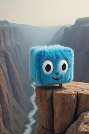 vibrant blue cube-shaped mascot on the brink of a canyon, looking down, seeing the vast canyon,
amazing photo with perfect light, perfect angle, masterfully put in scene to produce a dangerous looking photo that is immensely stunning.
You can see its eyes and little feet. 