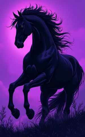 masterpiece
Make the perfect horse.
Give it a black shiluette against a purple background.
Add fancy artistic things that pronounce the wildness and beauty of the horse.

Make it a true artwork with many details.,Manga style,Anime style 