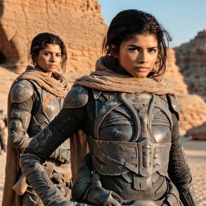 high quality, beautiful, perfect composition, perfect lighting, photography, stunning visuals,
fashion magazine photo, her award winning hair was made just for this one scene,
black hair, beautiful face, beautiful eyes,

(1girl):1.5, (battle armor):1.5, standing,
dagger in one hand, the other is empty, ready to fight,

desert in background, guy with flag in background,

She is a cosplayer, acting for a photo still, 
Her armor show insignias,

Chani, chani, perfect hands, scarf, suit