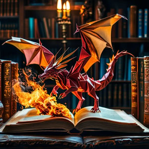 photorealistic, high-quality, ultra-detailed, image of (a complex origami dragon with a layer that makes each folded polygonal section of the origami a different vivid colour, it is flying high up with its head in front of a book, the head directed at the book, torching the book with a jet of fire. The page blackenes to ash. Out of the dragon's nostrils comes real fume),  , best quality, masterpiece, masterful composition, award, extremely detailed, incredibly high resolution, 32k, 16k, 8k, 4k, UHD, HDR, hyperrealistic, photo studio quality, amazing clarity, tack sharp, sharp focus, volumetric lighting, cinematic style, OverallDetailXL
