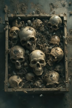 masterpiece, 8k, HDR, 3 D, best quality, photography, analog style, real life, extremely beautiful, (highly detailed, intricately detailed), An image of a crate with different skulls, with different insects crawling on them, worms, flies, larvae, putrid brown-grey background, sharp, perfect composition


Skeletons From Abyss,
The box says "Spare parts"