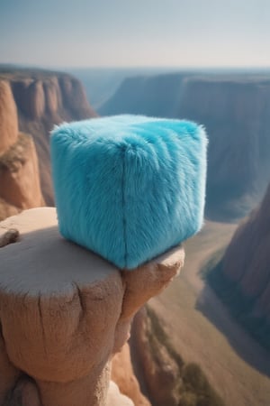 vibrant blue cube-shaped mascot on the brink of a canyon, looking down, seeing the vast canyon,
amazing photo with perfect light, perfect angle, masterfully put in scene to produce a dangerous looking photo that is immensely stunning.
You can see its eyes and little feet. 