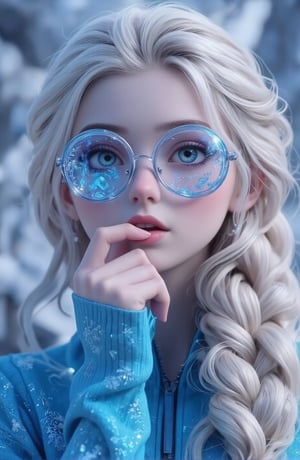 A surreal ice girl, face portrait, futuristic glasses and clothes, the glasses consisting of very fine and well designed Ice, neon gradient coloured.
The glasses are symmetric
The clothes are blue, thin, tight, translucent, portraying snow flakes

Full lips.
The hair is natural platinum white, with a thin, expertly made single braid.
a young woman with fair skin.
Very orderly smooth hair, well kempt, no extra hairdo except from the uniformly made braid.
This is a Dutch braid. This braid starts at the top of her head, goes to the back, eventually draping over her shoulder.
Her overall appearance is with an air of grace, representing her role as Princess and her mastery over ice and snow,
though she is also still a teenager.
She looks like Elsa from Disney. 
She has large, expressive blue eyes and delicate facial features.

braid_dutch,

No jacket, no zipper. No strange ears.
No hair strands, no lose hair. All hair is either kempt back or goes into her braid.
Perfect hands with perfect fingers.

Her fingers play absently with her glasses and with her lips