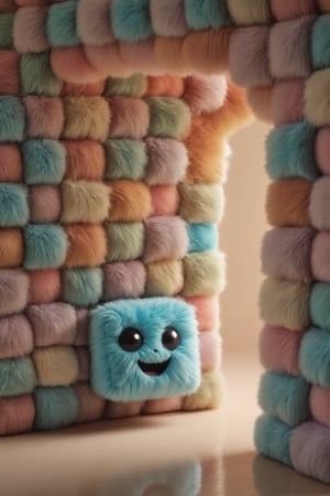 (((A wall out of many dull coloured cubes that are tasty candy cubes; they are not fluffy, but edible))). But only the vibrant blue cube-shaped mascot is happy and smiling, it is fluffy. Focus on the smile.
A door opens, putting the scene into perfect lighting.