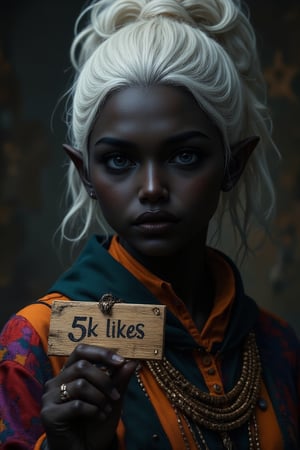 A woman detailed illustration, illustration by Serpieri, best quality, masterpiece, portrait, dramatic lighting, chiascuro, light hitting one side of the face, High Definition HD, High Detail, Perfect Composition, mythp0rt,(((((drow,sleek black skin,pointy ears)))))

She is a white haired drow,
but she wears very elegant colourful clothes.

She holds a wooden sign in her hand, saying '5k likes', text