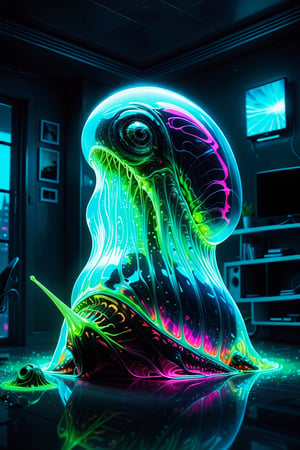 Surreal. Imagine an ALIEN: An Alien aquatic creature lives insiede a giant house of a seasnail. The skin is in the colour of the snail house.
The Alien stands in a Hypermodern livingroom as a neon lamp stand.,Strong Backlit Particles