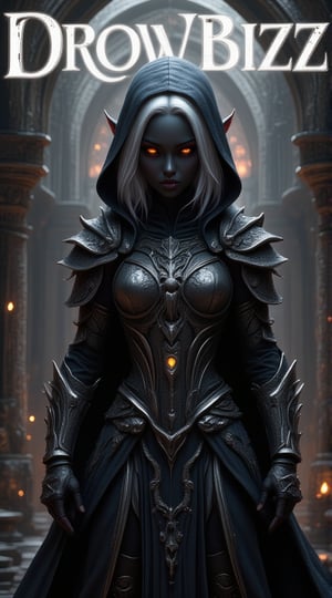 Masterpiece, highly detailed, best quality, 1girl, drow, pointy ears, dark sleek black skin, white smooth hair, bright silver plate armor, thorny armor, thorny shoulder plates, spider emblem, realistic style, flowing hair, majestic,  elegant, very aesthetic, body builder, orange glowing eyes, beautiful detailed eyes, wear black-navy coloured hooded cape and dress,  serious face, looking at viewer, standing, dynamic pose, vivid colours, magazine cover with colourful background, magazine cover, ((Title with text reads as "DrowBizz",Text)), ((very small text near title reads as "Menzoberranzan", Text)) ,gauntlets,shoulder plates, ((((short hair, hair and ears under the hood))))