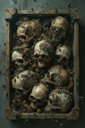 masterpiece, 8k, HDR, 3 D, best quality, photography, analog style, real life, extremely beautiful, (highly detailed, intricately detailed), An image of a crate with different skulls, with different insects crawling on them, worms, flies, larvae, putrid brown-grey background,Skeletons From Abyss

The box says "Spare parts"