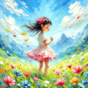 1girl, She is a flower, painted by nothing but brushstroke. And she is blossoming an this fresh spring day, oh man, is she blossoming. Some of her flower leaves are blown into the wind, colourful drops against the blue sky. In the background are mountains, simple, but very beautiful and aesthetic, indicated by a few simple brush strokes.