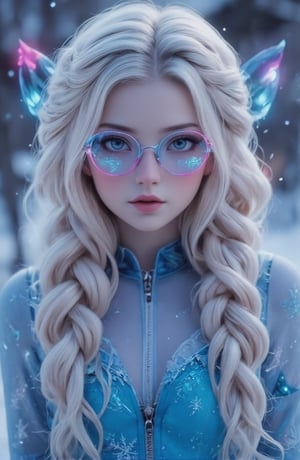 A surreal ice girl, face portrait, futuristic glasses and clothes, the glasses consisting of very fine and well designed Ice, neon gradient coloured.
The glasses are symmetric
The clothes are blue, thin, tight, portraying snow flakes

Full lips.
The hair is natural white, with thin, expertly made braids.
Very orderly hair.
She looks like Elsa from Disney

No jacket.
Perfect hands with perfect fingers