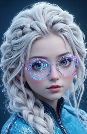 A surreal ice girl, face portrait, futuristic glasses and clothes, the glasses consisting of very fine and well designed Ice, neon gradient coloured.
The glasses are symmetric
The clothes are blue, thin, tight, translucent, portraying snow flakes

Full lips.
The hair is natural platinum white, with a thin, expertly made single braid.
a young woman with fair skin.
Very orderly smooth hair, well kempt, no extra hairdo except from the uniformly made braid.
This is a Dutch braid. This braid starts at the top of her head and is styled to the side, eventually draping over her shoulder.
Her overall appearance is with an air of grace, representing her role as Princess and her mastery over ice and snow,
though she is also still a teenager.
She looks like Elsa from Disney. 
She has large, expressive blue eyes and delicate facial features



No jacket. No strange ears.
Perfect hands with perfect fingers