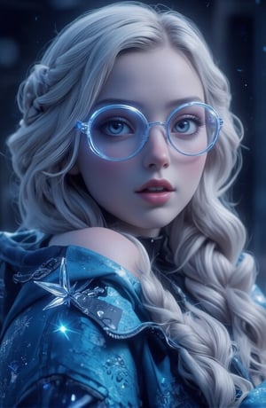 A surreal ice girl, face portrait, futuristic glasses and clothes, the glasses consisting of very fine and well designed Ice, neon gradient coloured.
The glasses are symmetric
The clothes are icy blue,  portraying snow flakes

Full lips.
The hair is natural platinum white, with a thin, expertly made single braid.
a young woman with fair skin.
Very orderly smooth hair, well kempt, no extra hairdo except from the uniformly made braid.
This is a Dutch braid. This braid starts at the top of her head, goes to the back, eventually draping over her shoulder.
Her overall appearance is with an air of grace, representing her role as Princess and her mastery over ice and snow,
though she is also still a teenager.
She looks like Elsa from Disney. 
She has large, expressive blue eyes and delicate facial features with full lips and a cute nose.

braid_dutch,

(((((No jacket, no zipper.))))) No strange ears.
No hair strands, no lose hair. All hair is either kempt back or goes into her braid.
Perfect hands with perfect fingers.

She is not affected by this: Her clothes are so cold that they get ice crystals on the surface.
It is a dark and starry night.