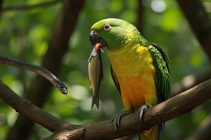 (((an amazing macaw parrot in a national park catching a fish)))
Next to it, a love bird
no merged bodies

beautiful perfect feet
The parrot sits on a branch in the jungle. It has caught a big fat fish with its claw
In the background a snake sneaks up on the parrot
